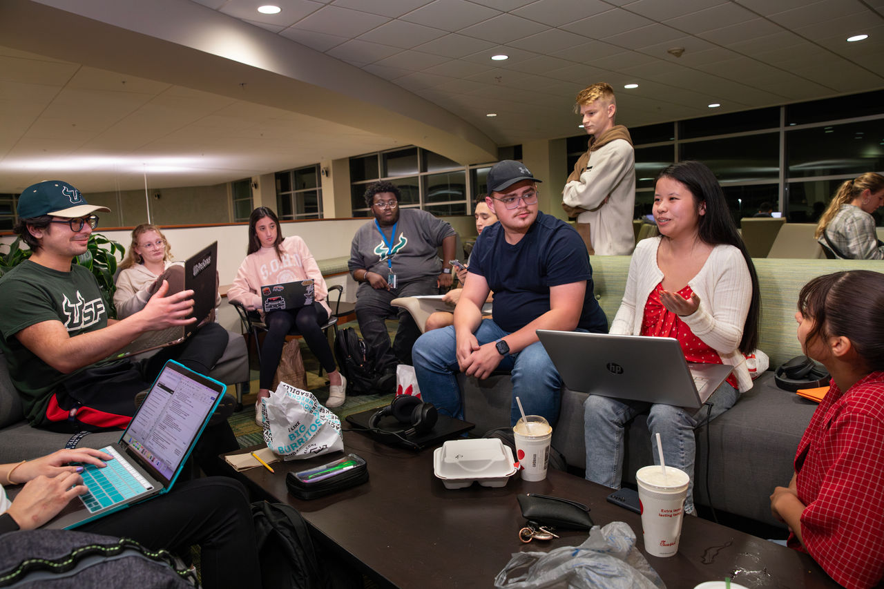 Lia hanging out with Cru students before the Thursday night meeting. University of South Florida Cru ministry